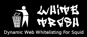 Logo for "Whitetrash Dyanmic Web Whitelisting" featuring a iconographic man placing something in a trash can
